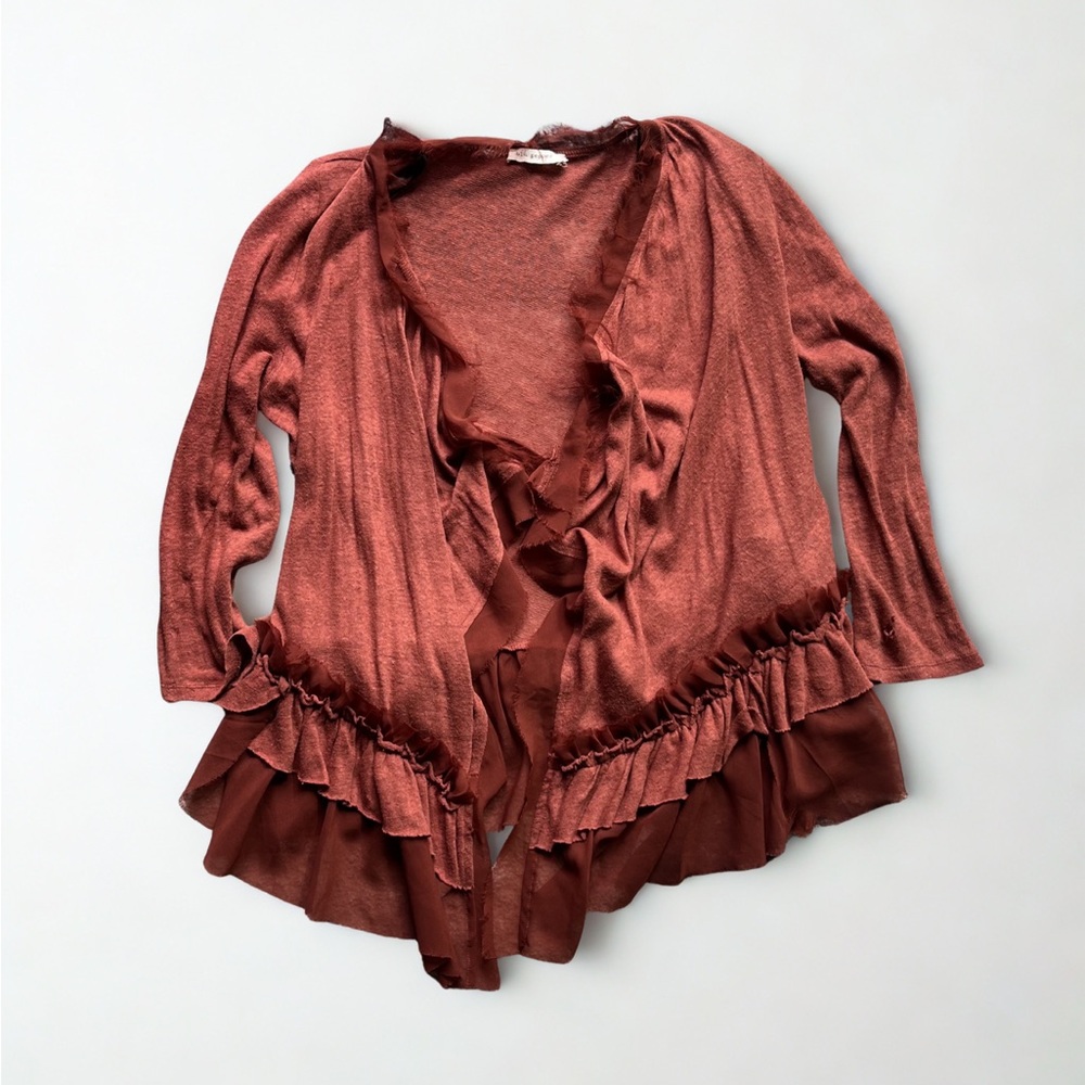 Ruffled Open-Front Cardigan in Rust - Picture 2 of 5